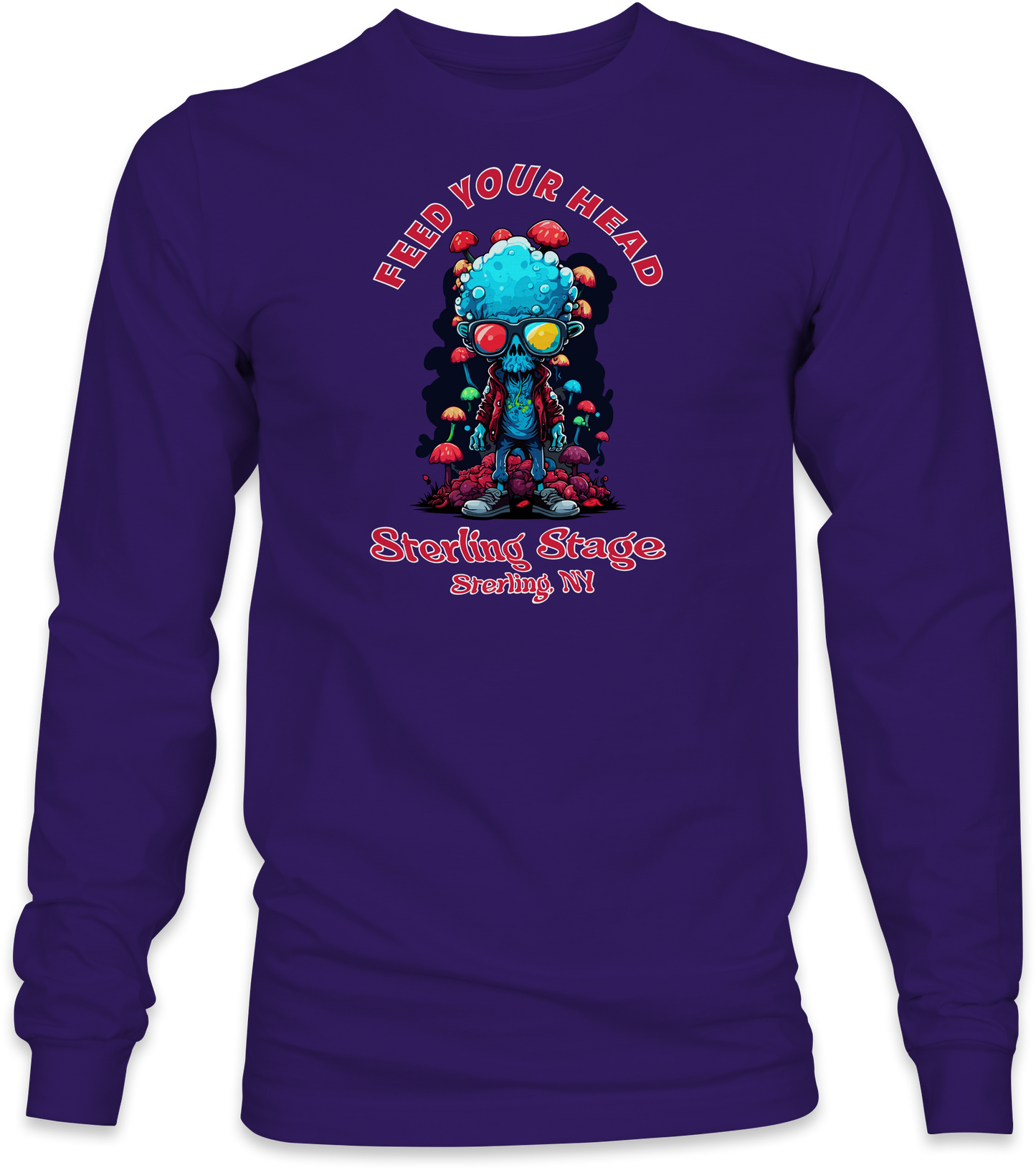 A long-sleeve purple shirt with a colorful front graphic print of a mushroom creature and text 'Feed Your Head Sterling Stage Since 1985'.