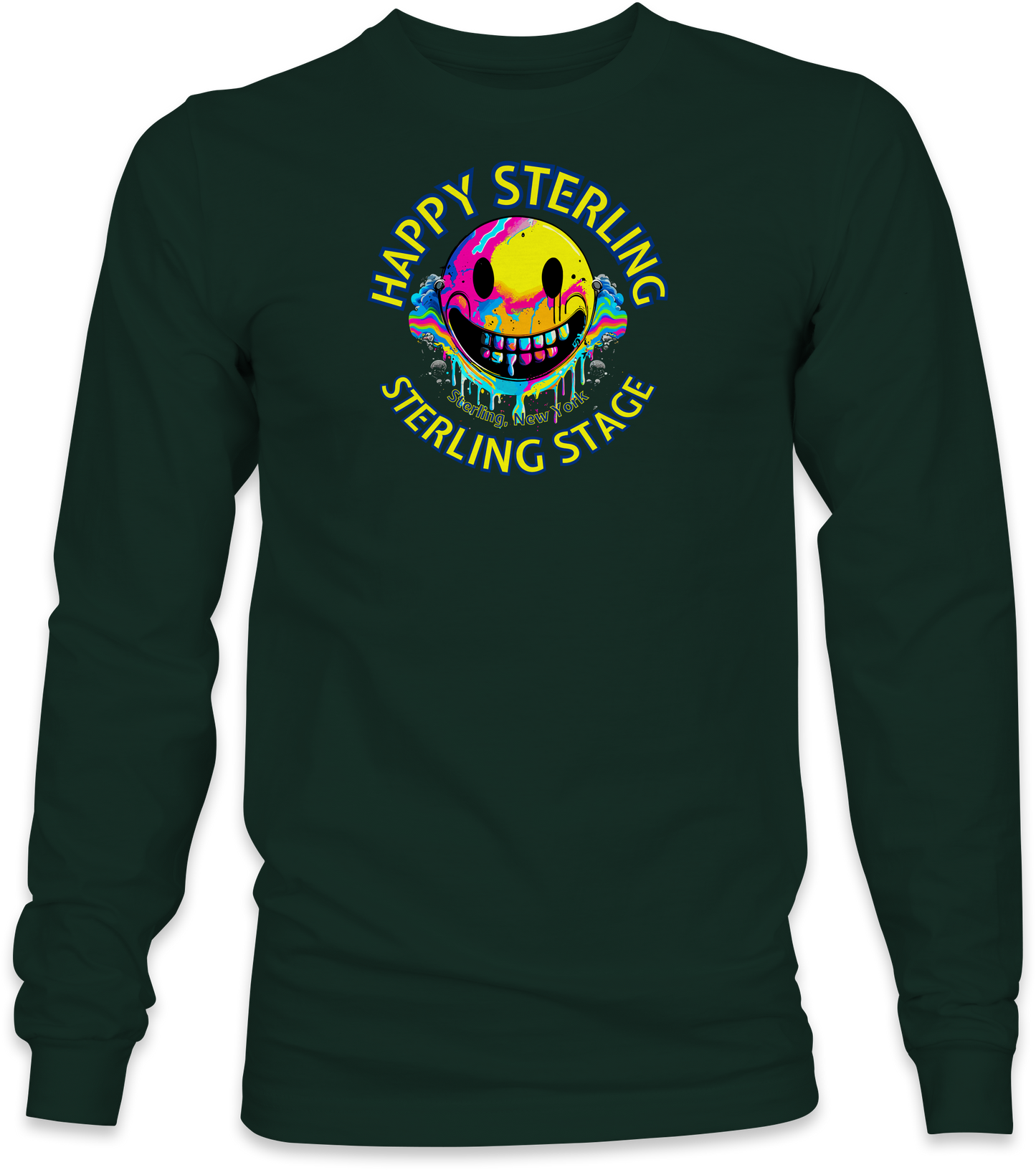 Dark green long-sleeve with colorful graphic and text on a white background