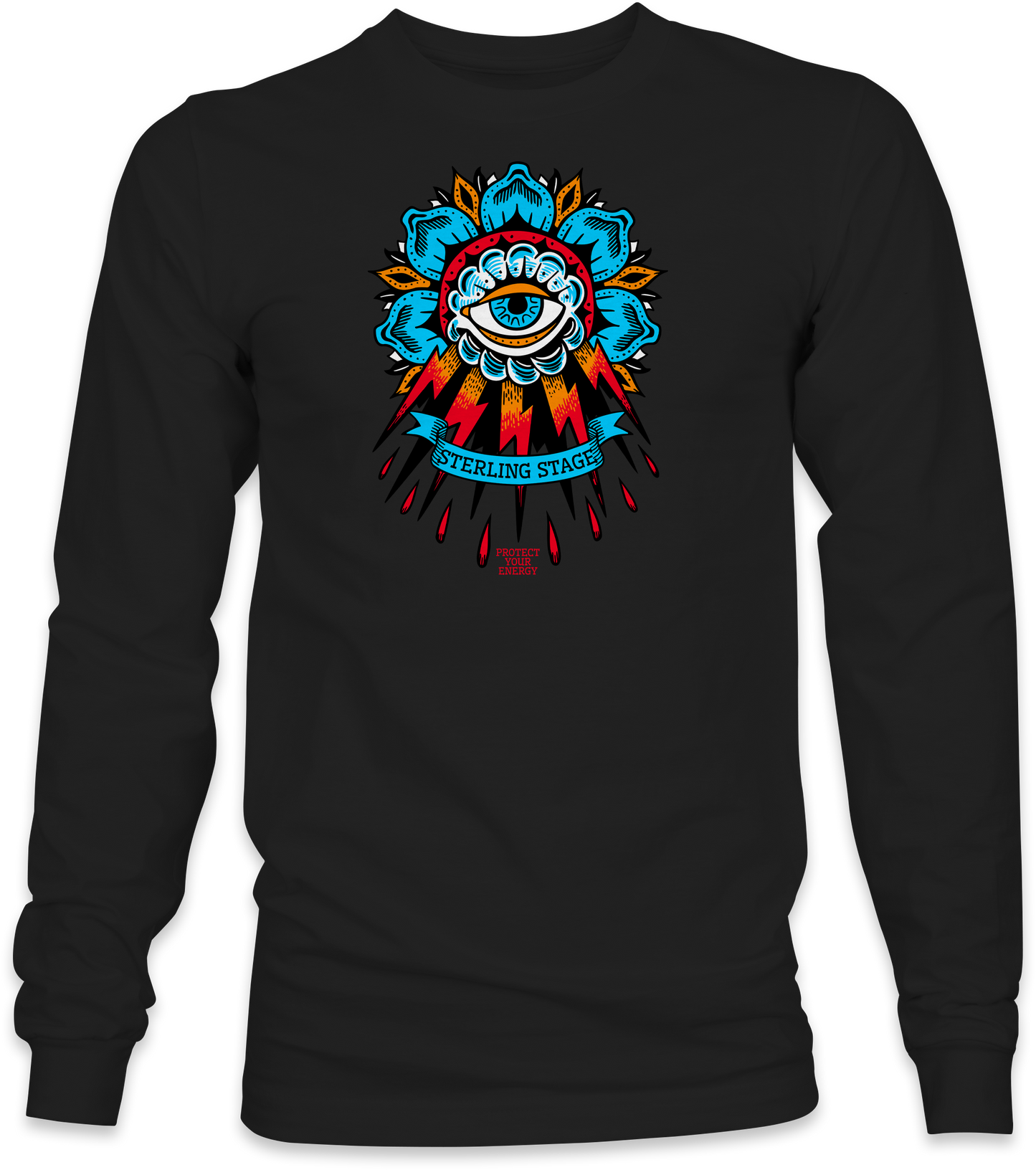 Black long-sleeve with colorful graphic design on a white background