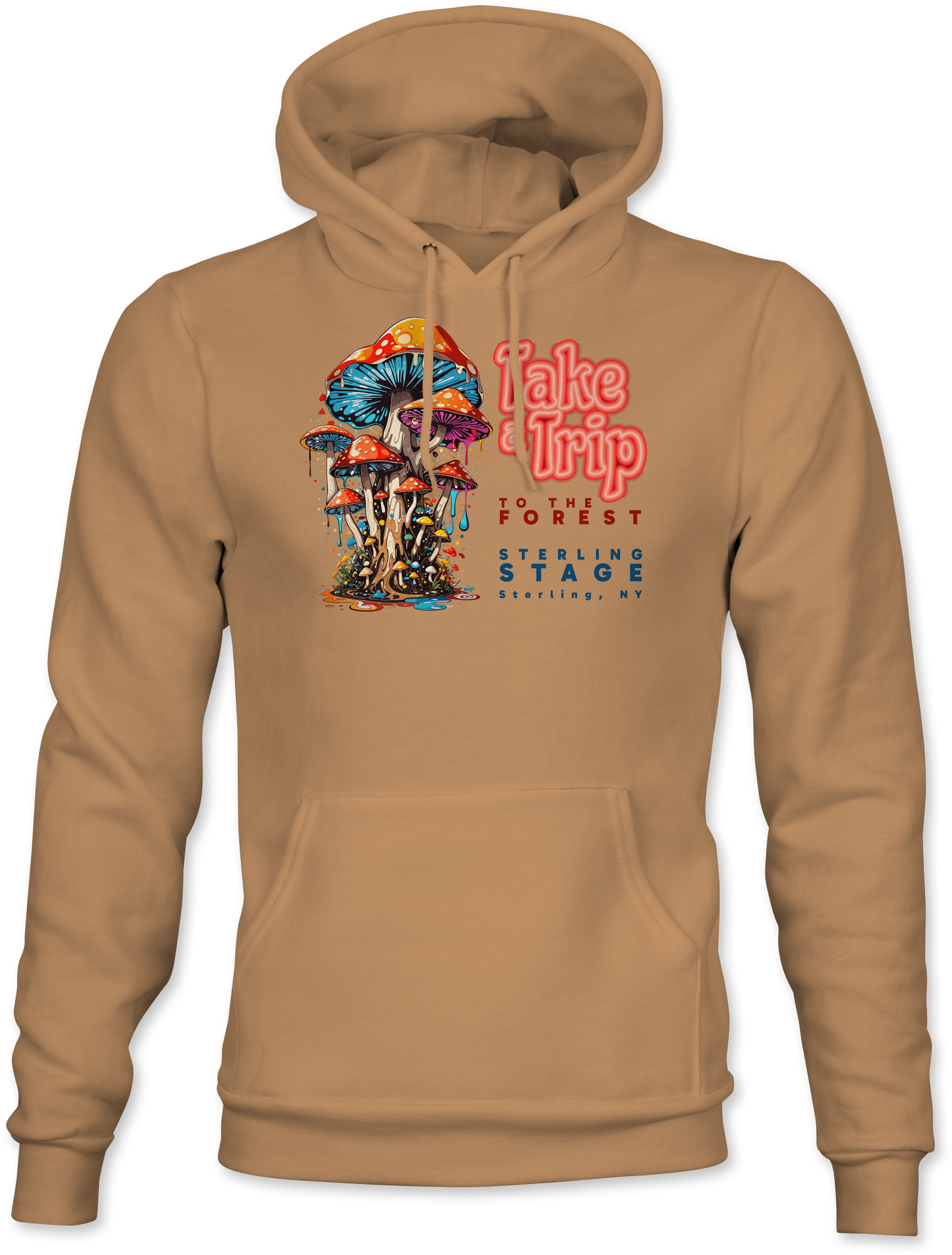 A beige hoodie with a colorful front graphic print of mushrooms and text saying 'Take a Trip'.