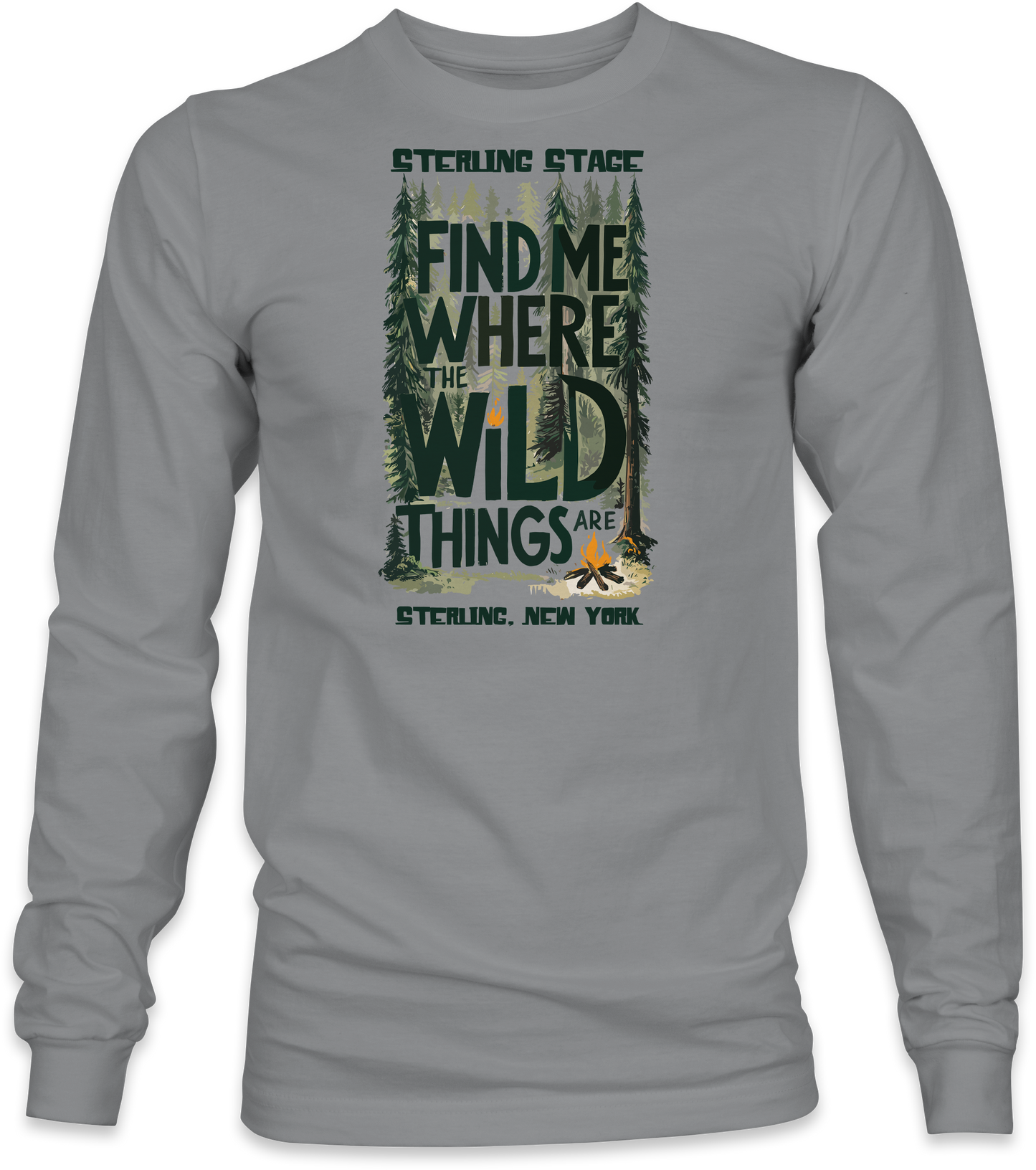 Gray long-sleeve shirt with nature-themed design and text on a white background