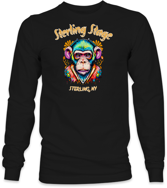 Black long-sleeve with a colorful monkey graphic and text on a white background