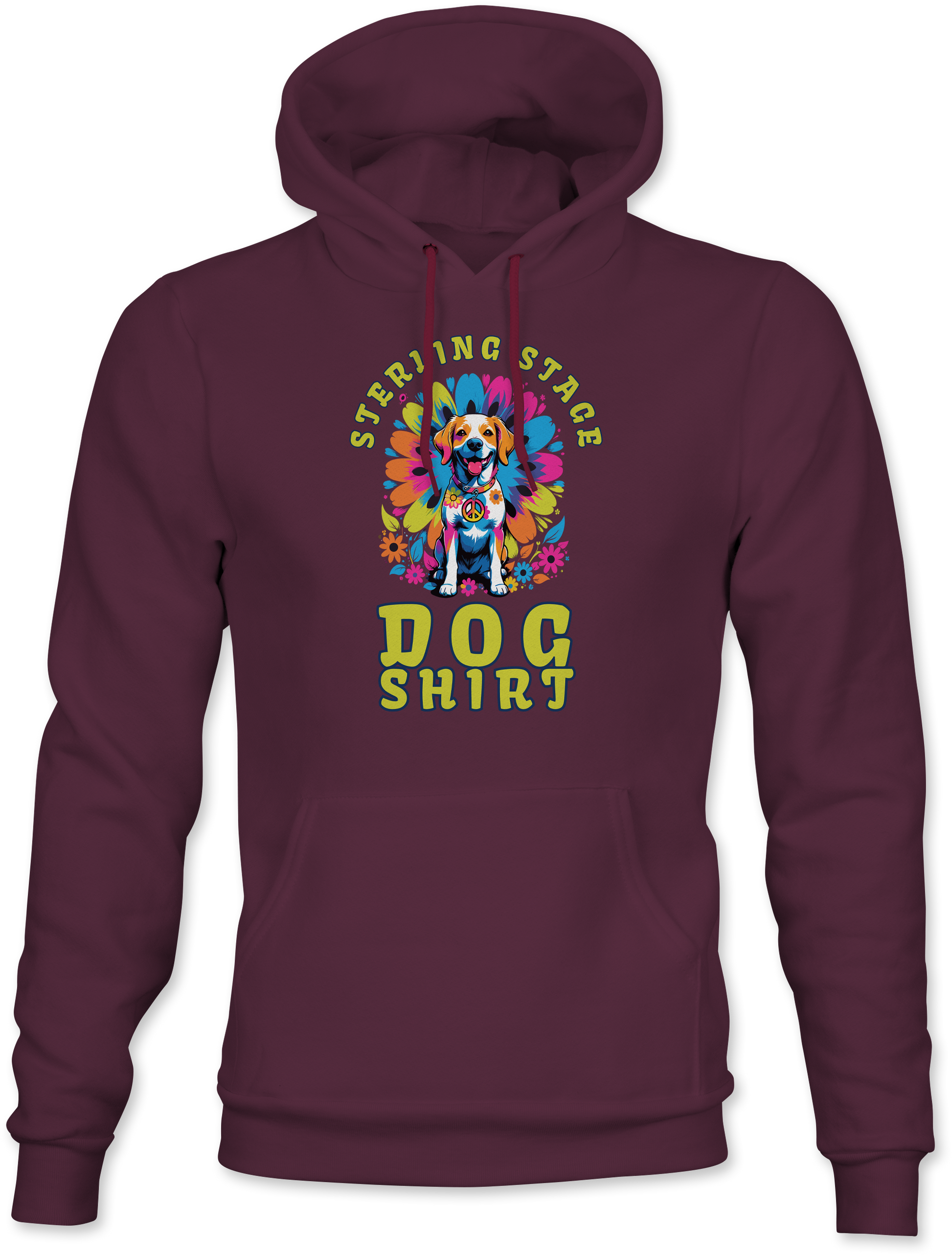 Maroon hoodie with colorful graphic and text on a white background