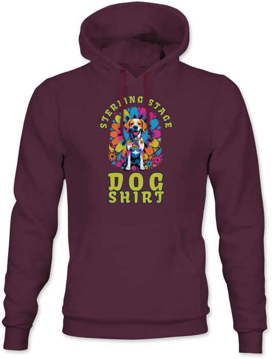 Maroon hoodie with colorful graphic and text on a white background