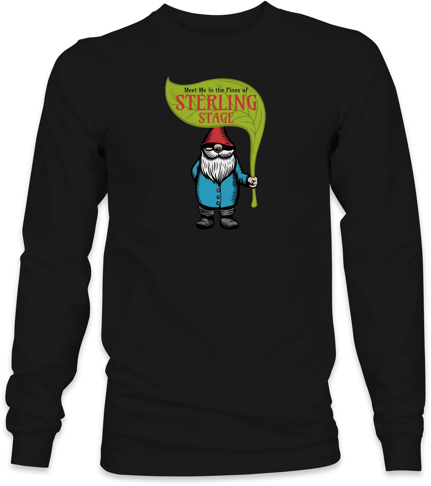 Black long-sleeve with a cartoon gnome holding a sign on a white background