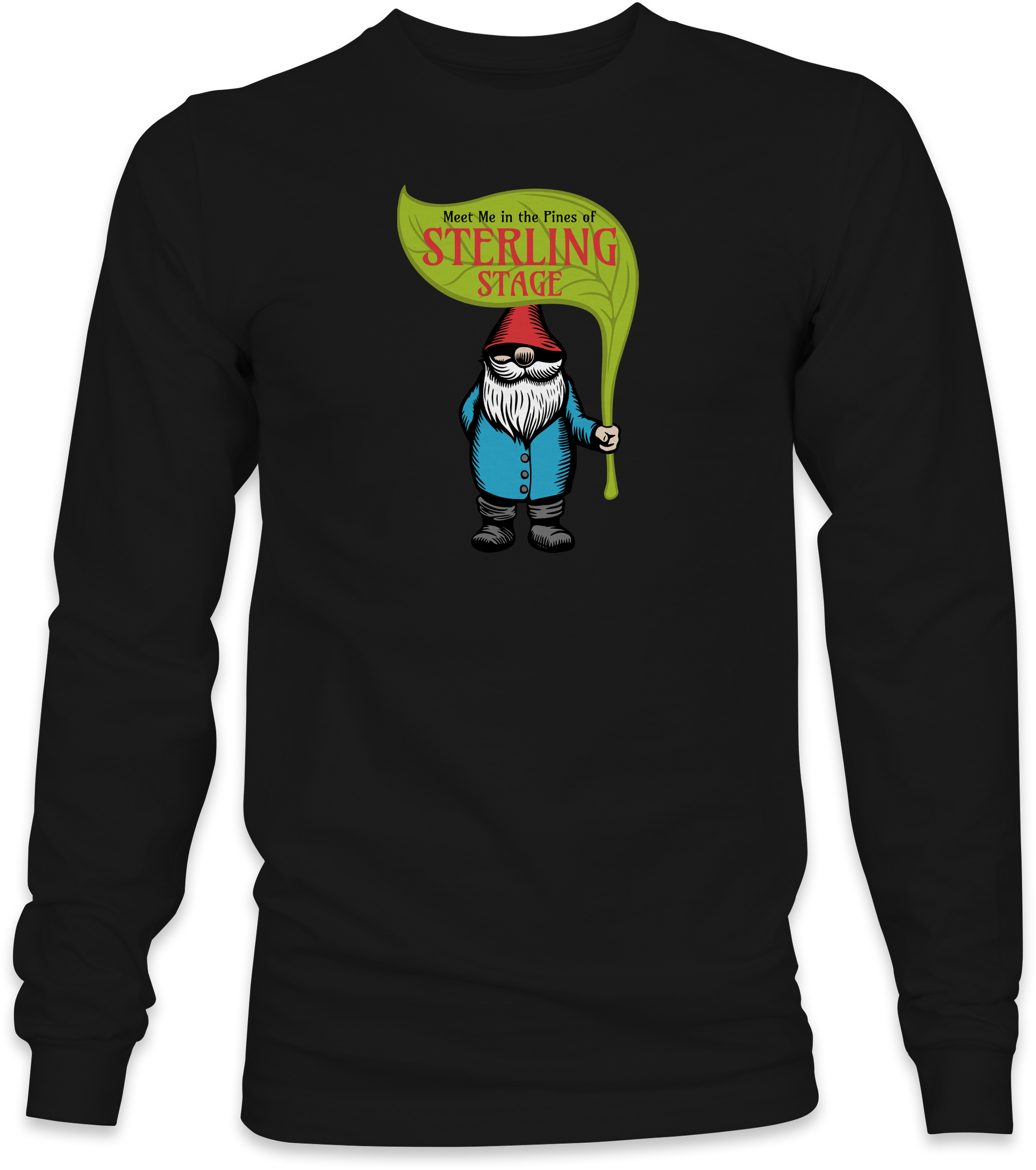 Black long-sleeve with a cartoon gnome holding a sign on a white background