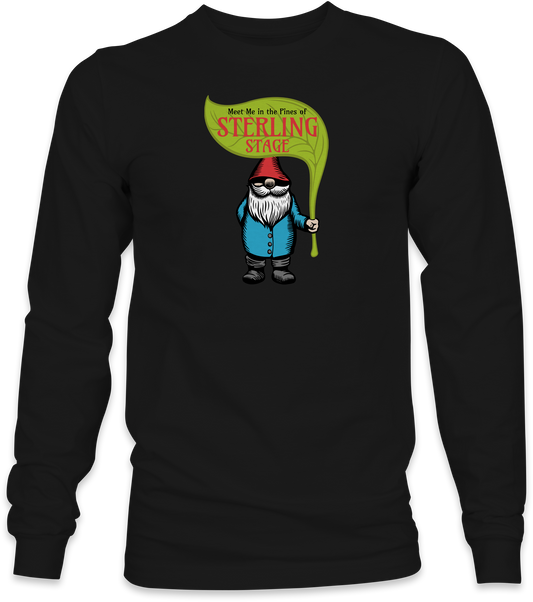 Black long-sleeve with a cartoon gnome holding a sign on a white background