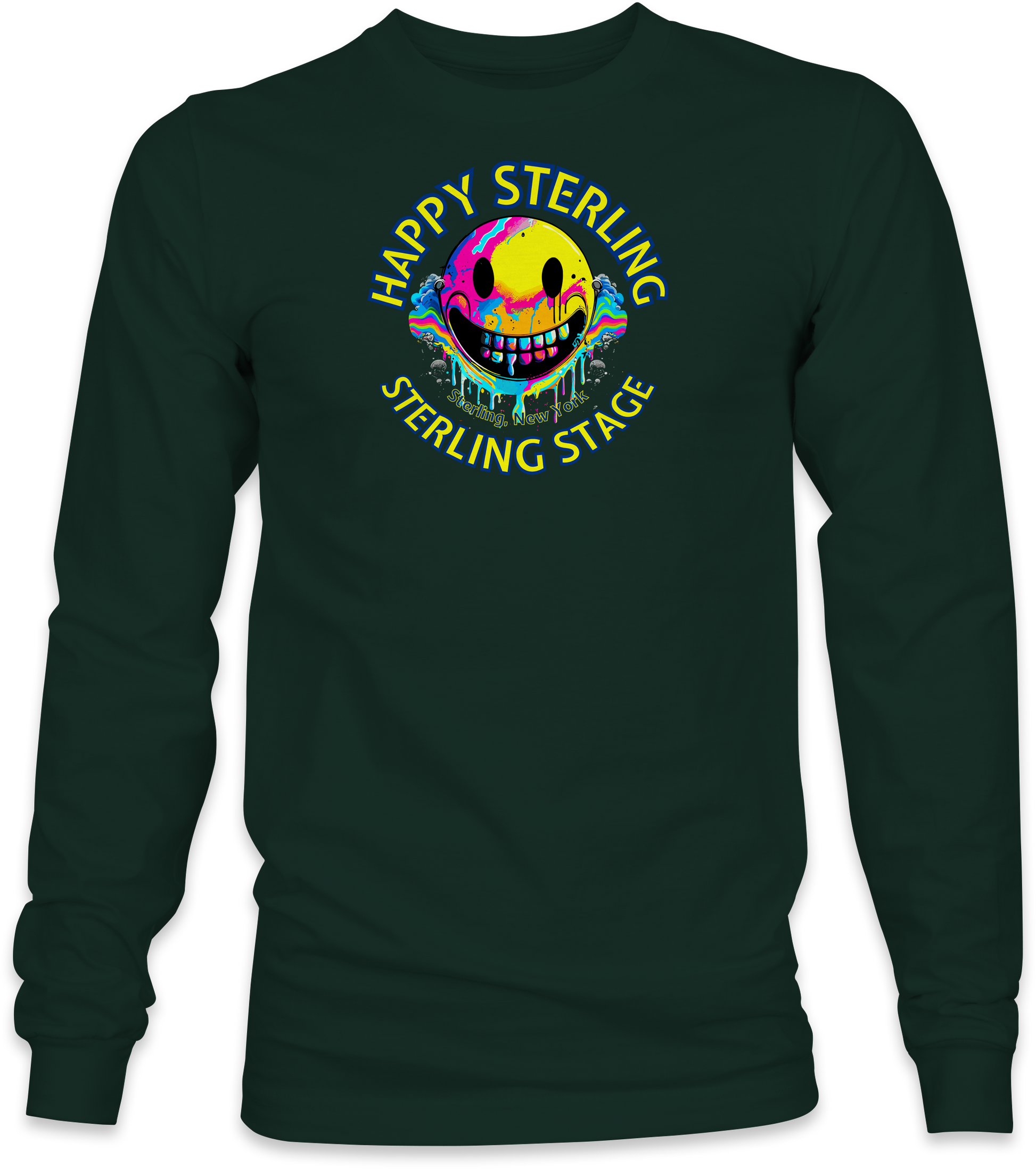 Dark green long-sleeve with colorful graphic and text on a white background