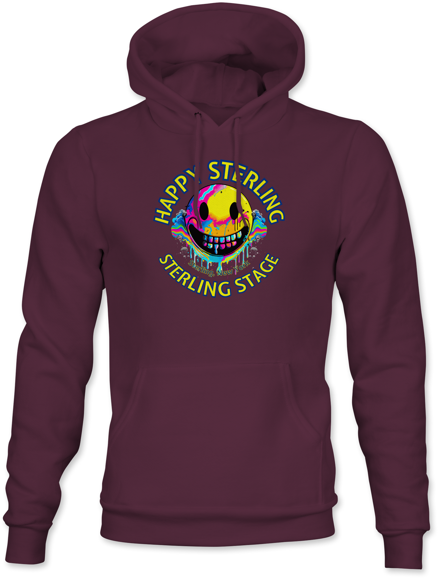 Maroon hoodie with colorful graphic and text on a white background