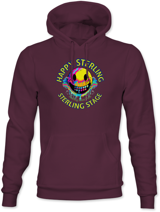 Maroon hoodie with colorful graphic and text on a white background