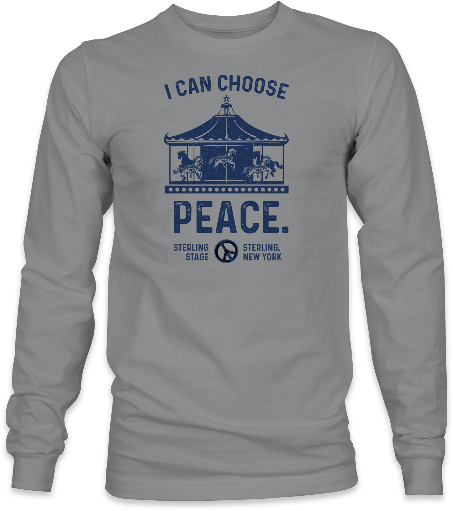 Gray long-sleeve shirt with blue graphic and text on a white background