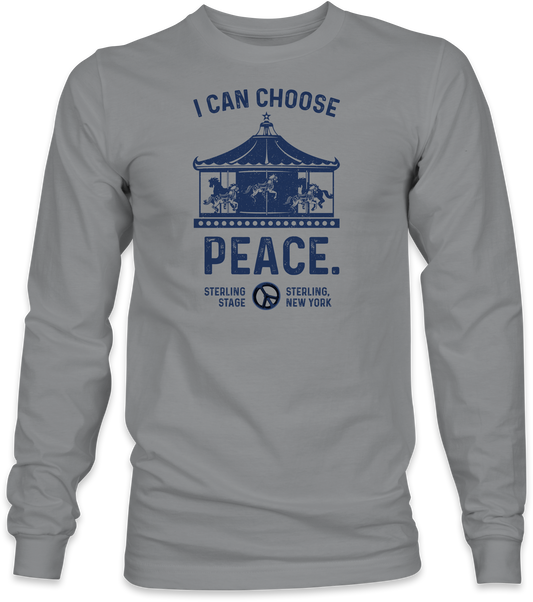 Gray long-sleeve shirt with blue graphic and text on a white background