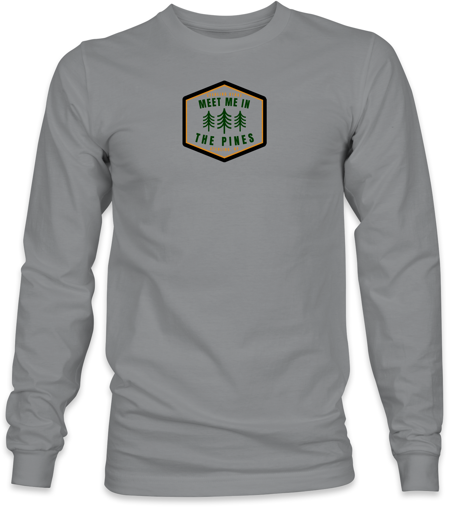 Gray long-sleeve shirt with a graphic design on a white background