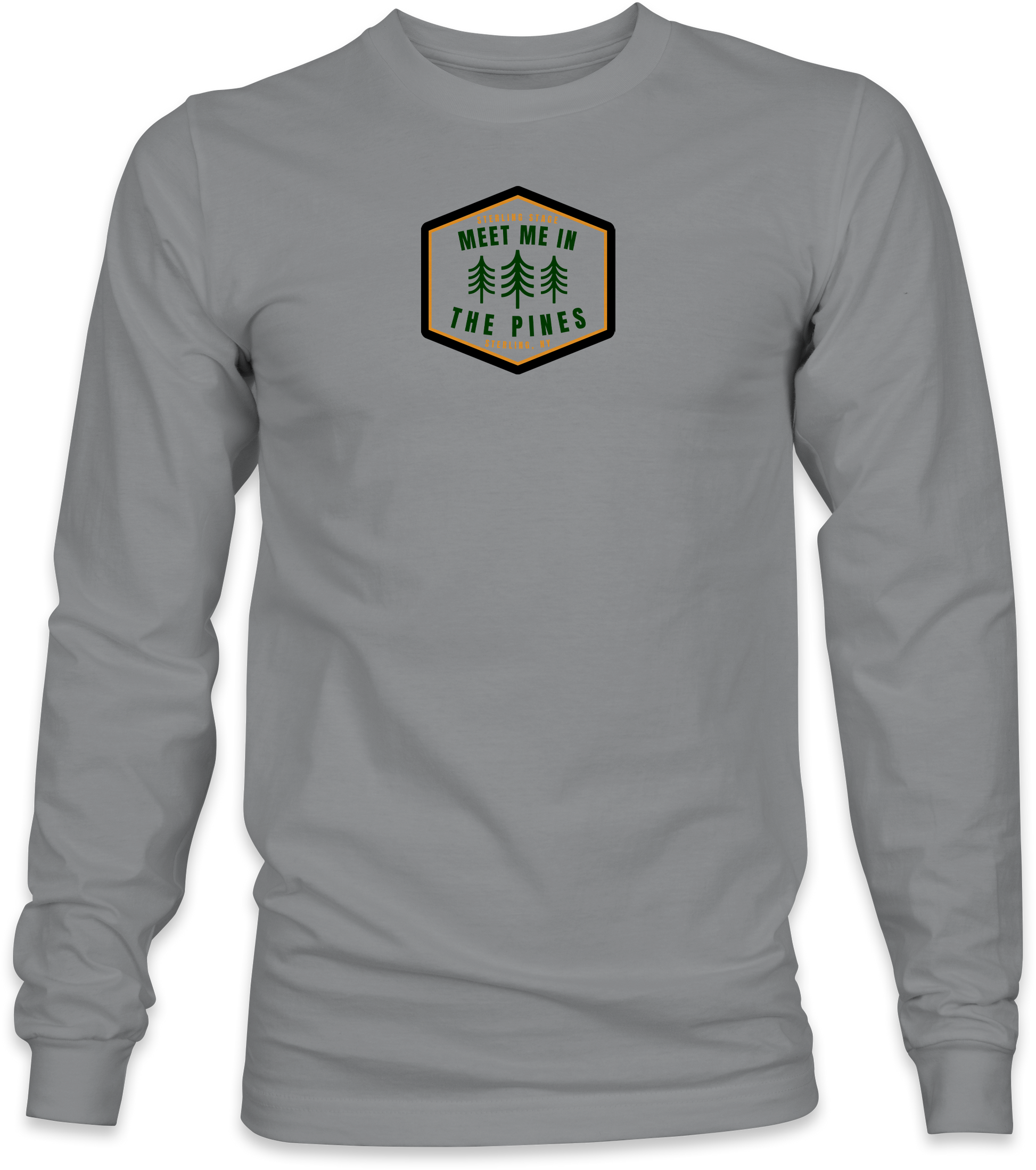 Gray long-sleeve shirt with a graphic design on a white background