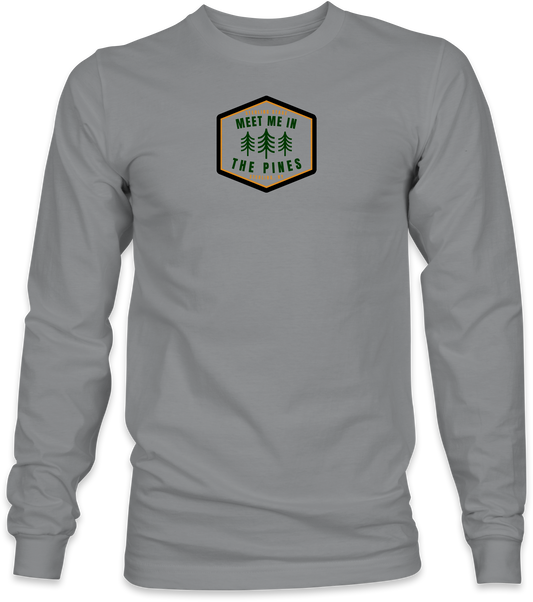 Gray long-sleeve shirt with a graphic design on a white background