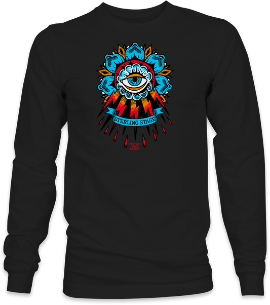 Black long-sleeve with colorful graphic design on a white background