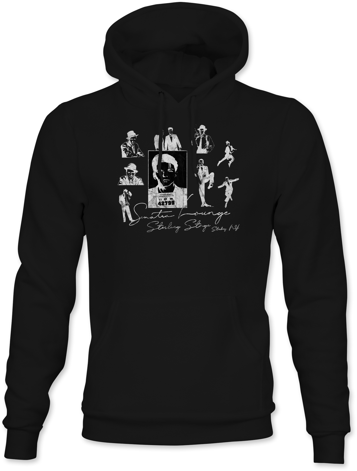 Black hoodie with graphic design on a white background