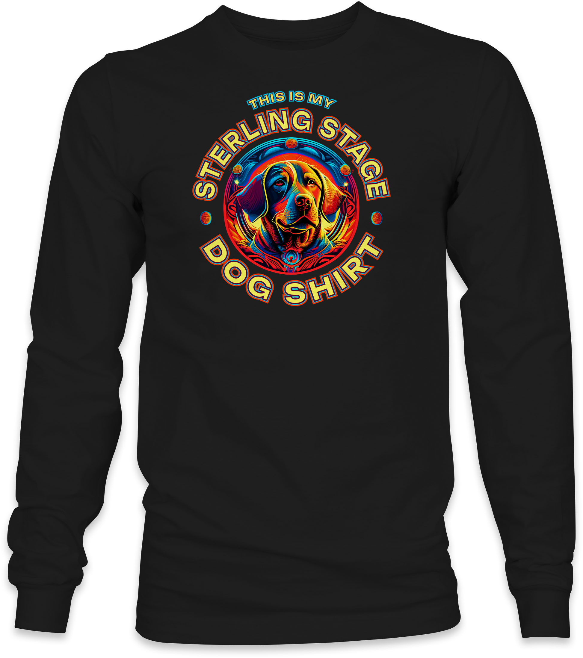 Black long-sleeve with colorful dog graphic and text on a white background