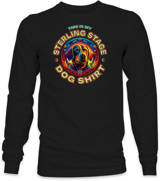 Black long-sleeve with colorful dog graphic and text on a white background
