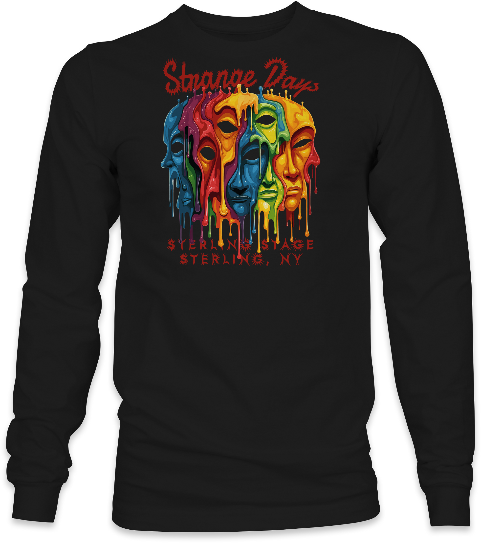 Black long-sleeve with colorful graphic design and text on a white background