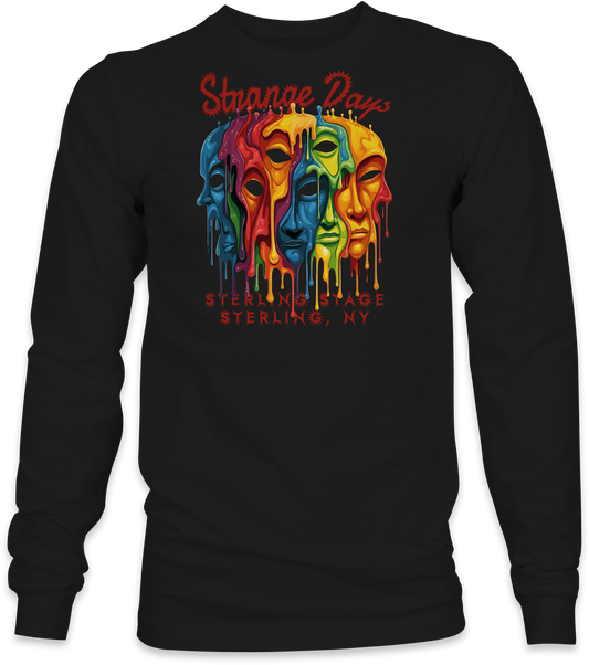 Black long-sleeve with colorful graphic design and text on a white background