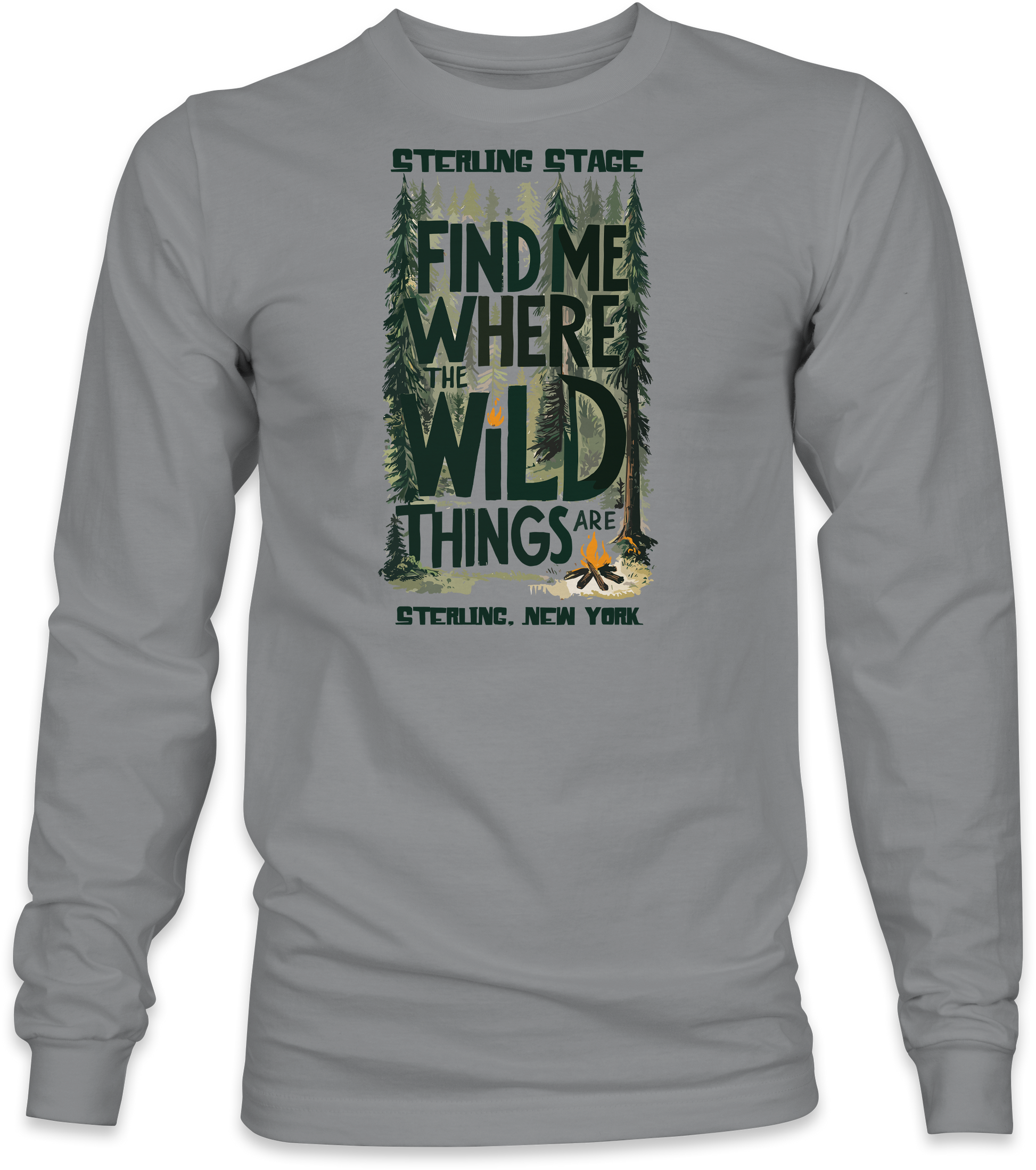 Gray long-sleeve shirt with nature-themed design and text on a white background