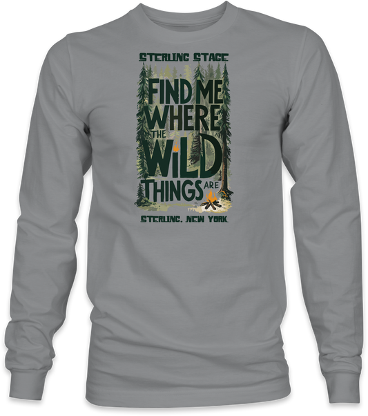 Gray long-sleeve shirt with nature-themed design and text on a white background